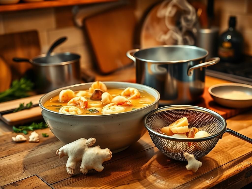 Flick International Close-up of seafood chowder with ginger pieces on a rustic kitchen countertop