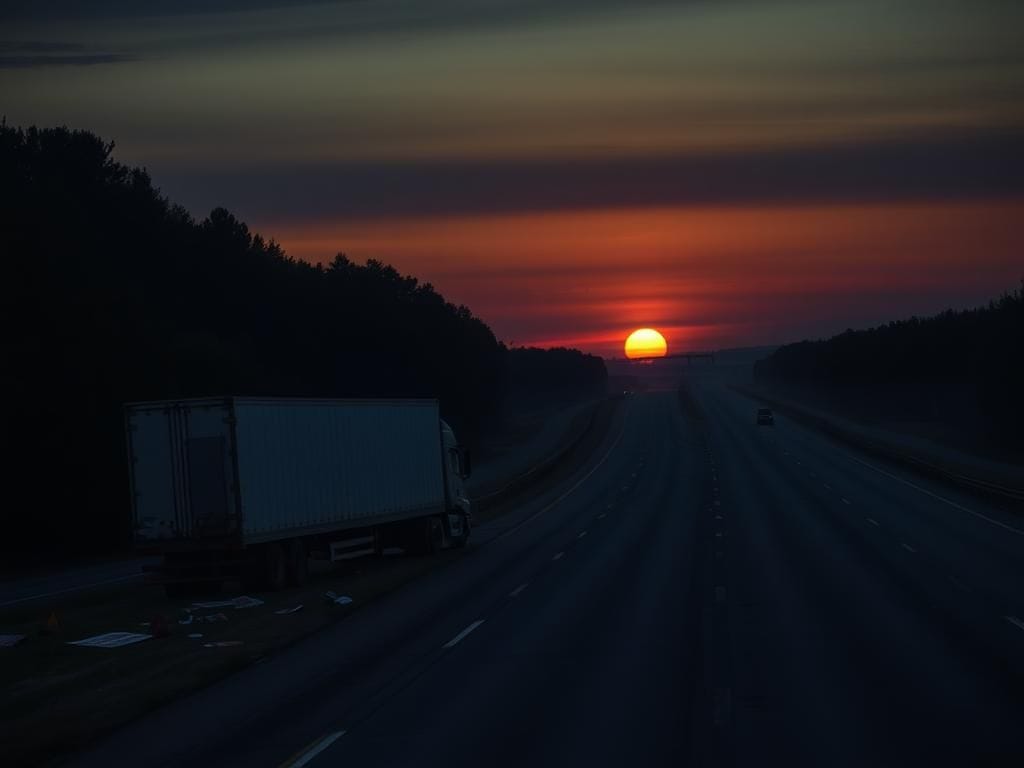 Flick International Abandoned commercial truck on an empty interstate at dusk, symbolizing immigration policy changes