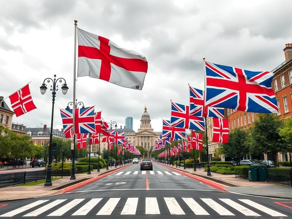 Flick International Vibrant display of the St. George’s Cross and Union Jack flags in an urban setting