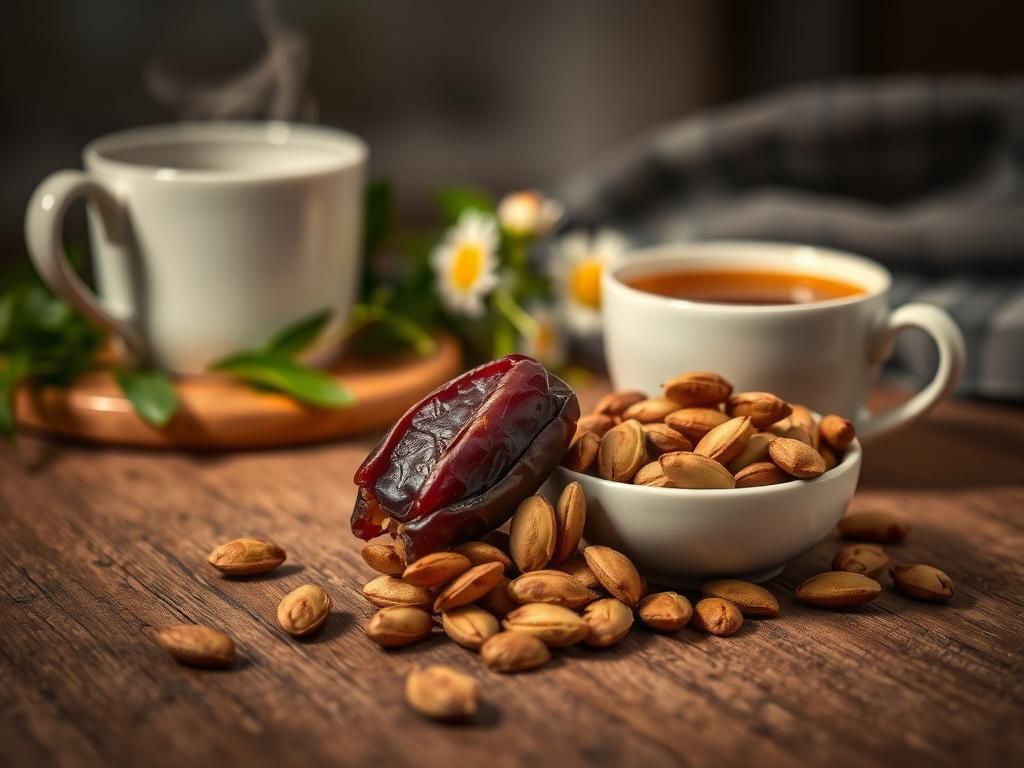 Flick International Close-up of a Medjool date and roasted pumpkin seeds on a wooden table