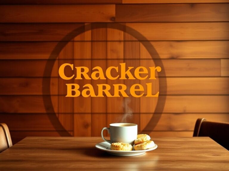 Flick International Minimalist coffee shop scene featuring a modern Cracker Barrel logo against a rustic wooden background