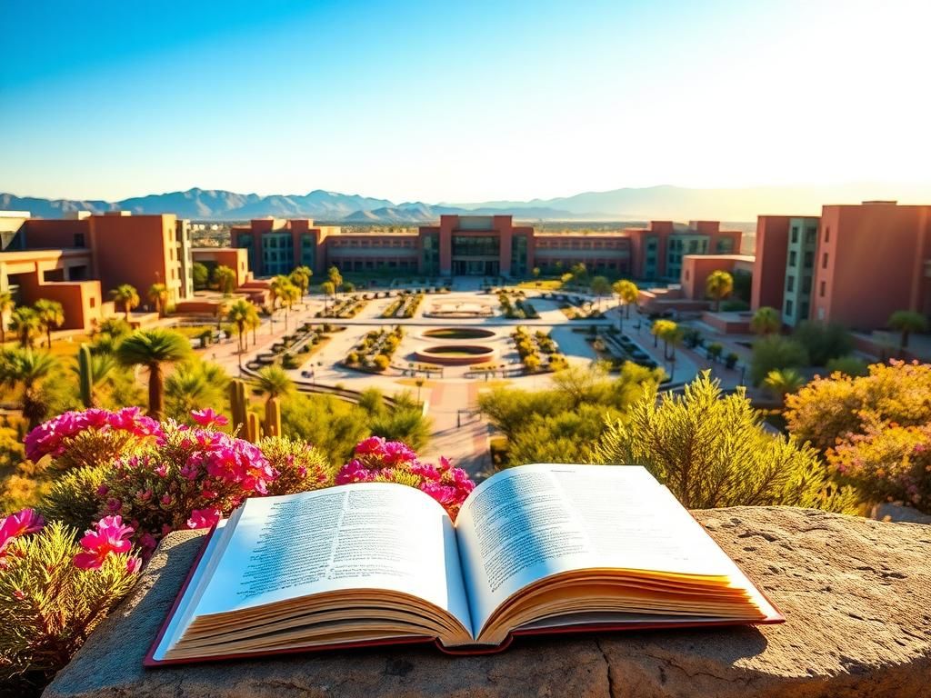 Flick International A sprawling campus of Grand Canyon University with modern architecture and vibrant desert flora under a clear blue sky