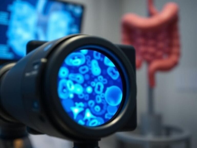 Flick International Close-up view of a medical colonoscopy tool alongside a monitor displaying polyps and abnormal tissues.
