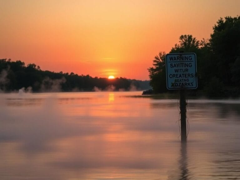 Flick International A serene landscape of Lake of the Ozarks at sunset with mist rising from the water and a warning sign about swimming hazards.