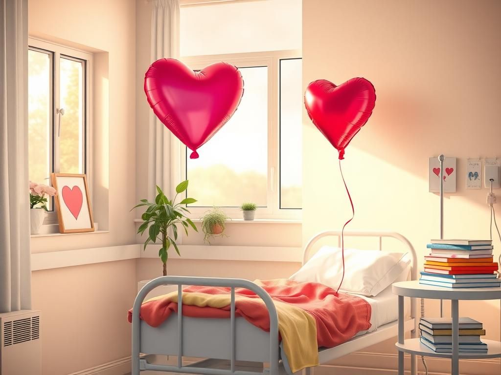 Flick International A serene hospital room with a heart-shaped balloon, symbolizing hope and recovery.