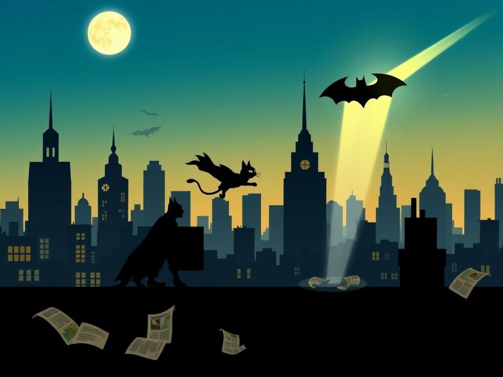 Flick International A whimsical Gotham City rooftop scene with a playful shadow of a cat and the Bat-Signal illuminating the skyline.