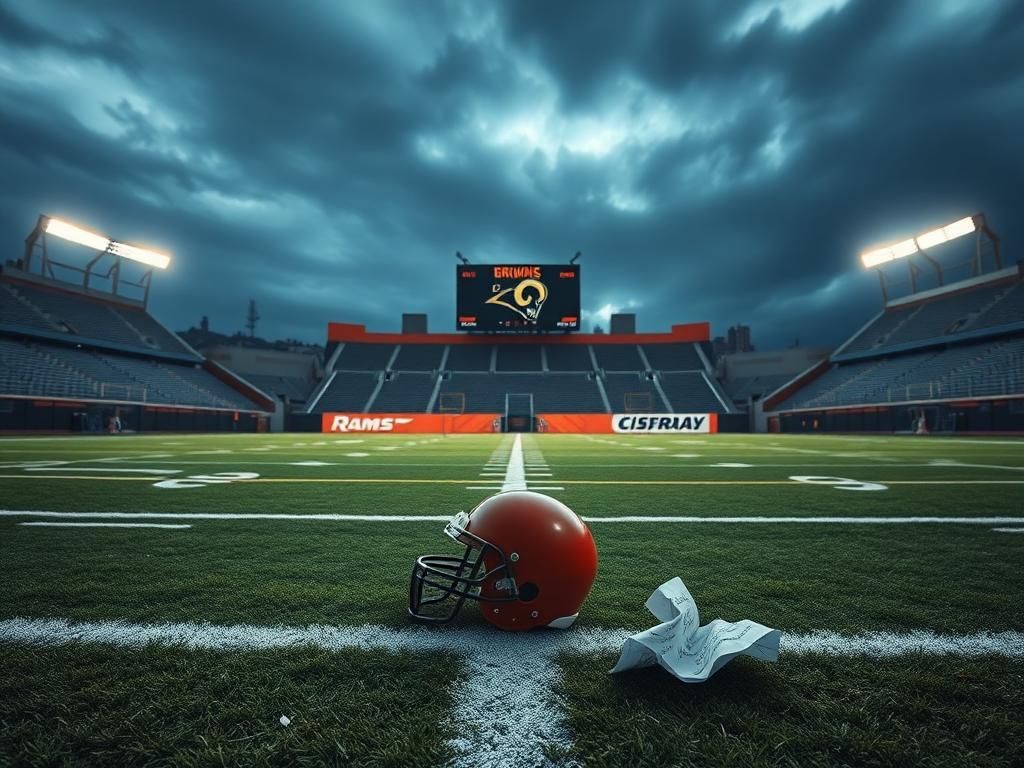 Flick International Empty football stadium at dusk with a discarded helmet on the grass