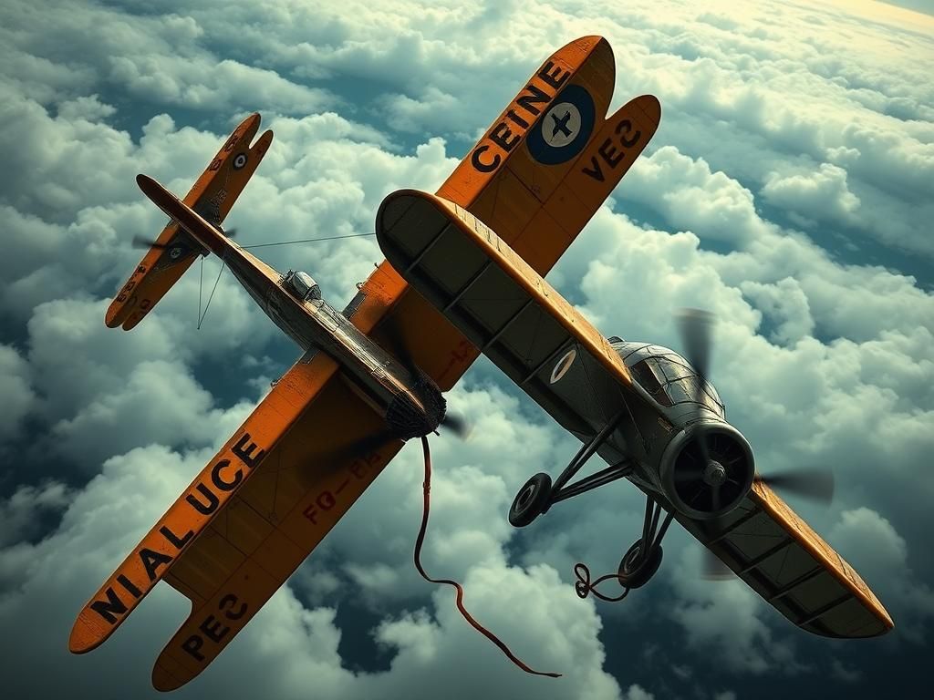 Flick International A dramatic aerial shot of two vintage biplanes engaged in a mid-air battle maneuver