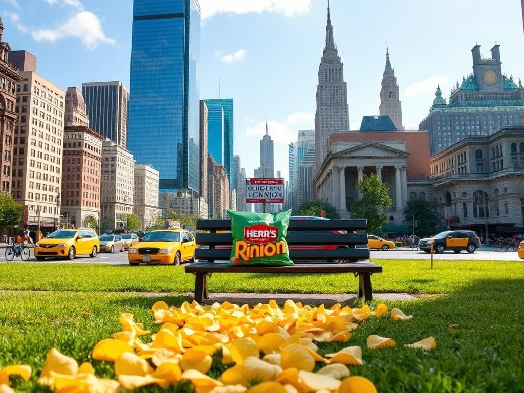Flick International Vibrant New York City skyline with a park bench and scattered potato chips