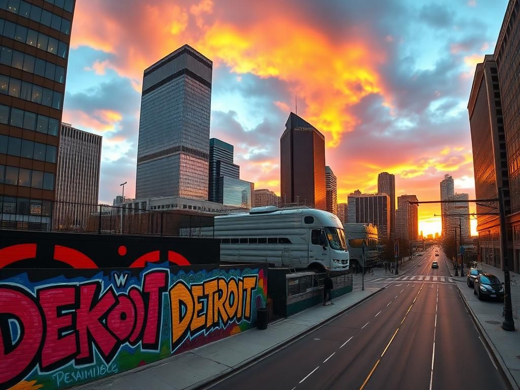 Flick International Panoramic view of downtown Detroit showcasing vibrant street art and iconic landmarks