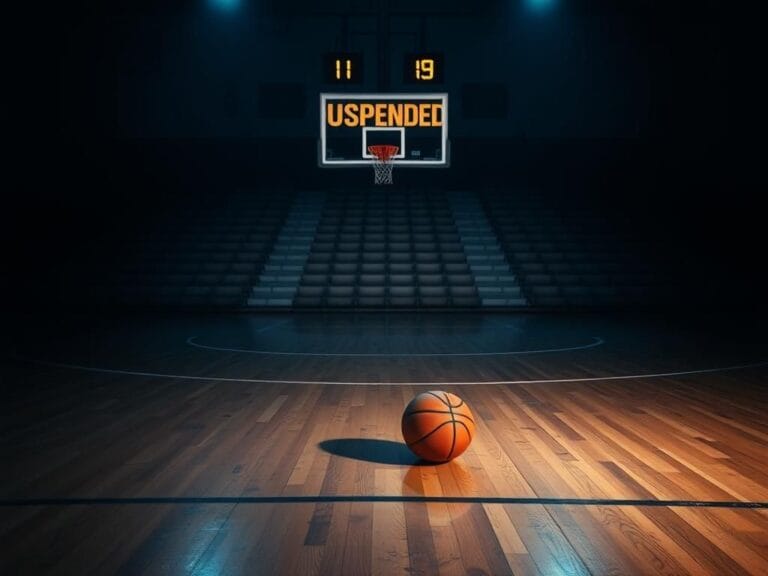 Flick International Dimly lit basketball court with a basketball near the free-throw line