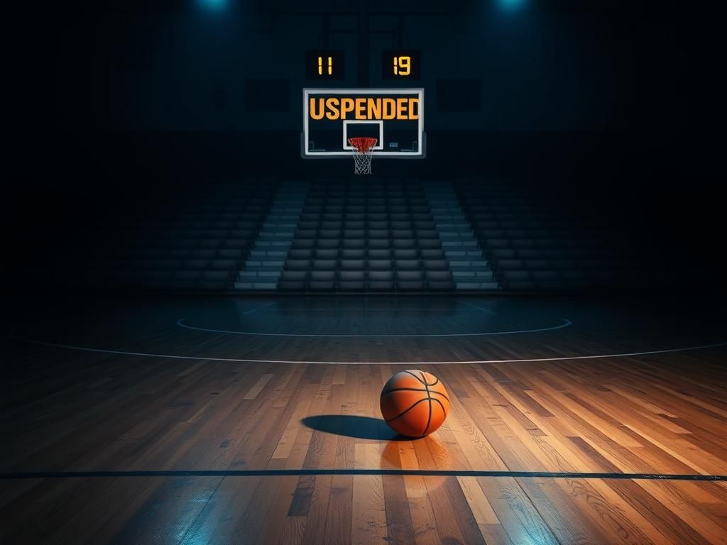 Flick International Dimly lit basketball court with a basketball near the free-throw line