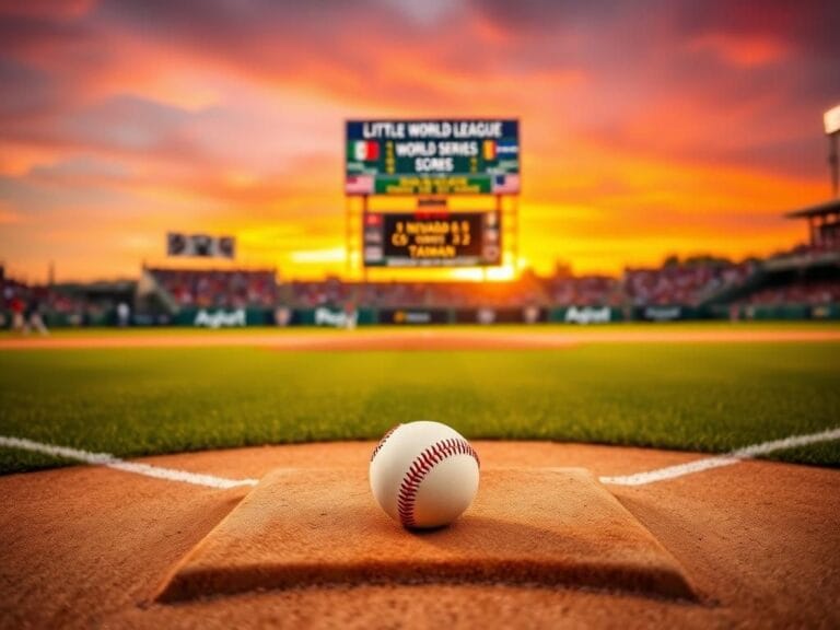 Flick International A baseball diamond at sunset with a leather baseball on the pitcher's mound
