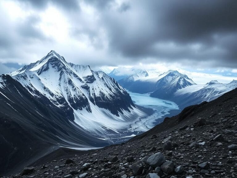 Flick International Dramatic mountain landscape of Victory Peak, Kyrgyzstan, showcasing treacherous rocky slopes and overcast skies.