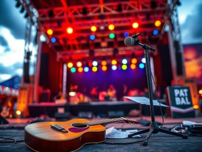 Flick International A stage at a vibrant outdoor music festival with a vintage guitar and microphone hinting at a recent performance