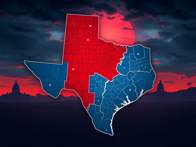 Flick International Detailed illustration of a Texas map showing convoluted congressional district boundaries segmented by Republican and Democratic strongholds.