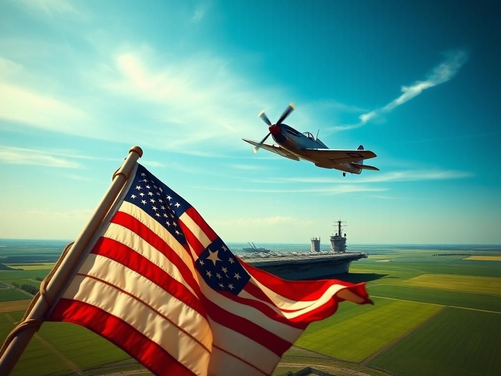 Flick International Vintage F6F Hellcat fighter plane soaring in bright blue sky with USS Essex below