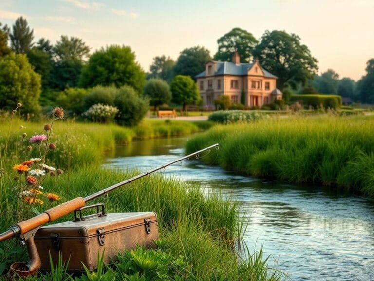 Flick International A serene riverbank scene in the English countryside with a fishing rod and tackle box