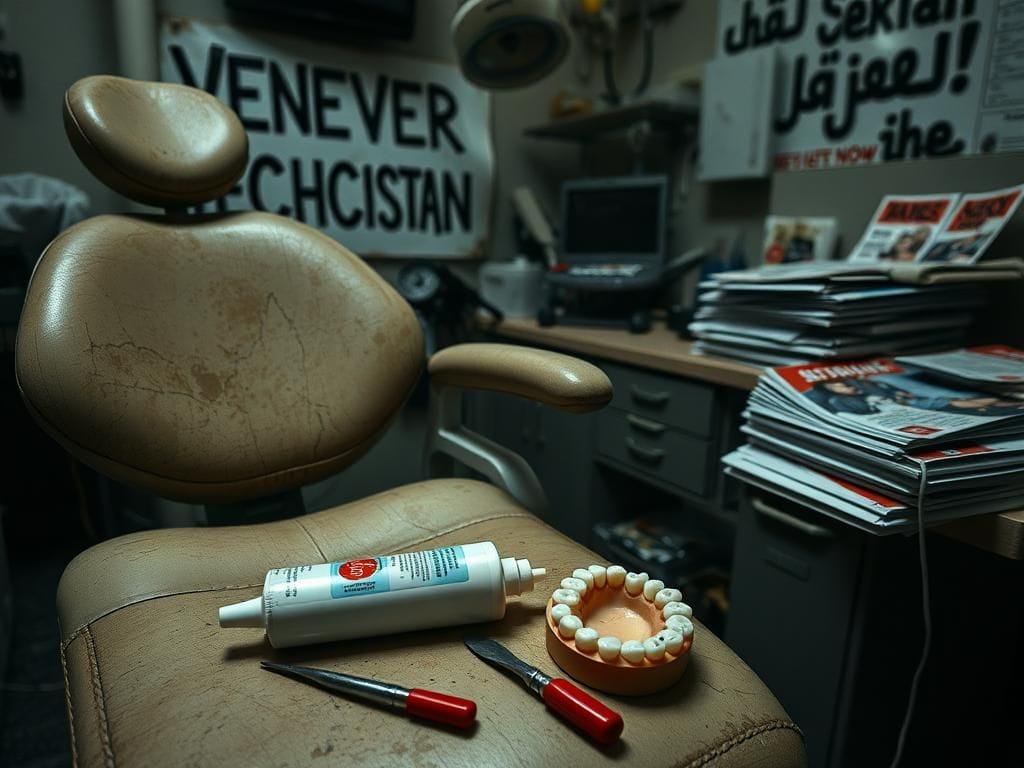 Flick International close-up view of a disordered dental workspace with a dental chair and superglue