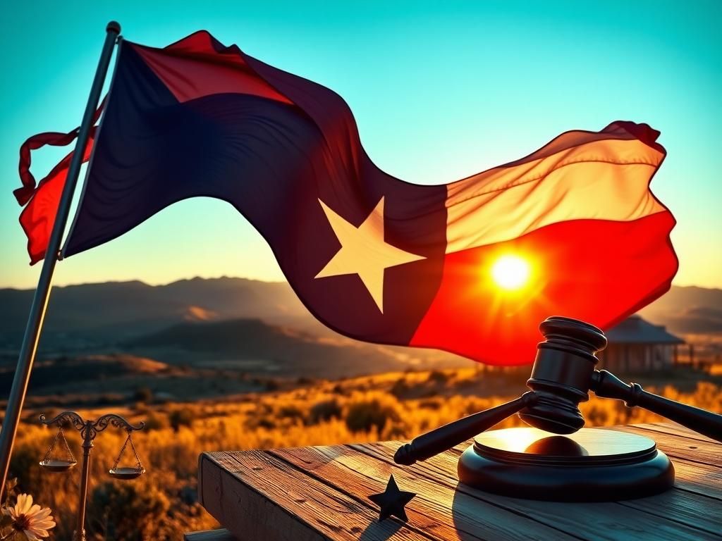 Flick International Texas state flag waving in the wind beside a rustic courthouse and wildflowers