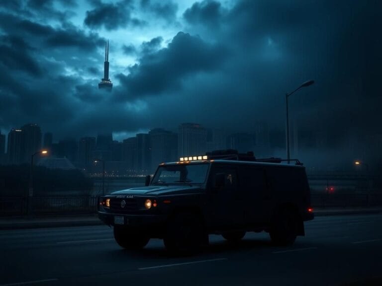 Flick International Dramatic cityscape of Chicago at dusk featuring the Willis Tower and National Guard vehicle