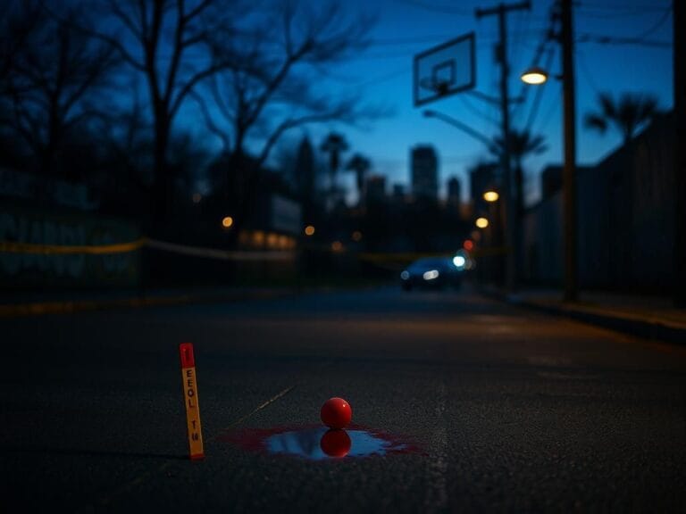 Flick International Evidence marker beside bloodstain on urban street after shooting incident