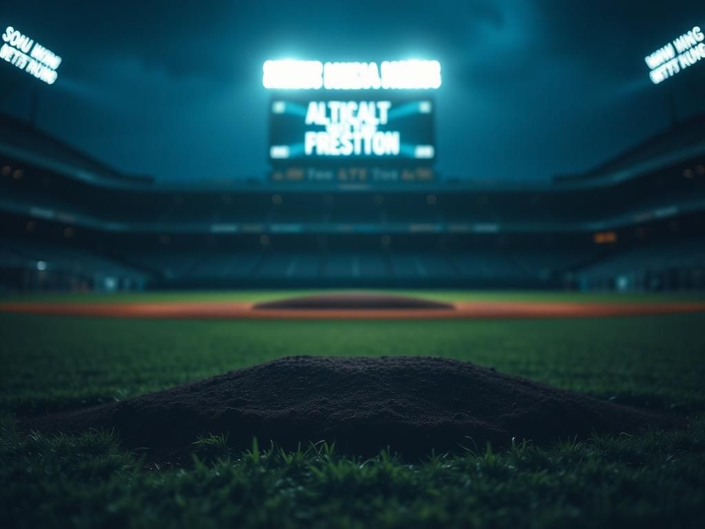 Flick International Dark baseball stadium at twilight with pitcher's mound in focus, symbolizing athlete pressure due to online harassment