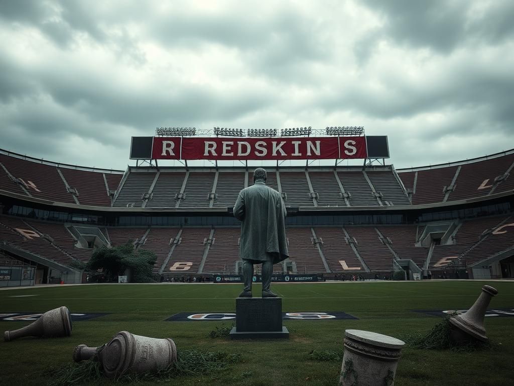 Flick International Empty football stadium with faded Redskins banners under a cloudy sky