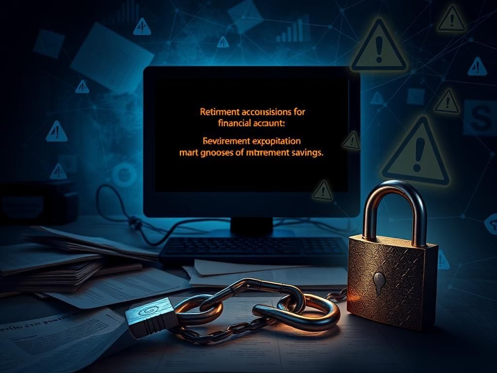 Flick International Ominous scene of a shadowy computer screen with alarming financial messages amidst cluttered retirement documents.