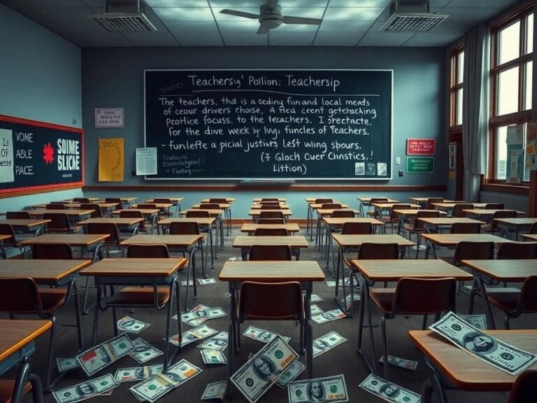 Flick International A classroom with empty desks symbolizing declining teachers' union membership