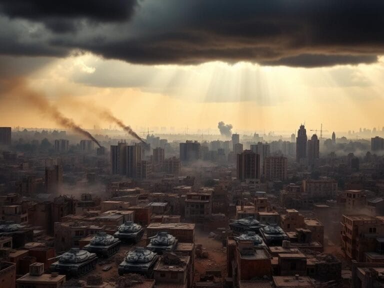 Flick International Aerial view of Gaza City showing Israeli tanks and a war-torn landscape