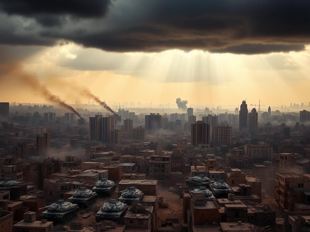 Flick International Aerial view of Gaza City showing Israeli tanks and a war-torn landscape