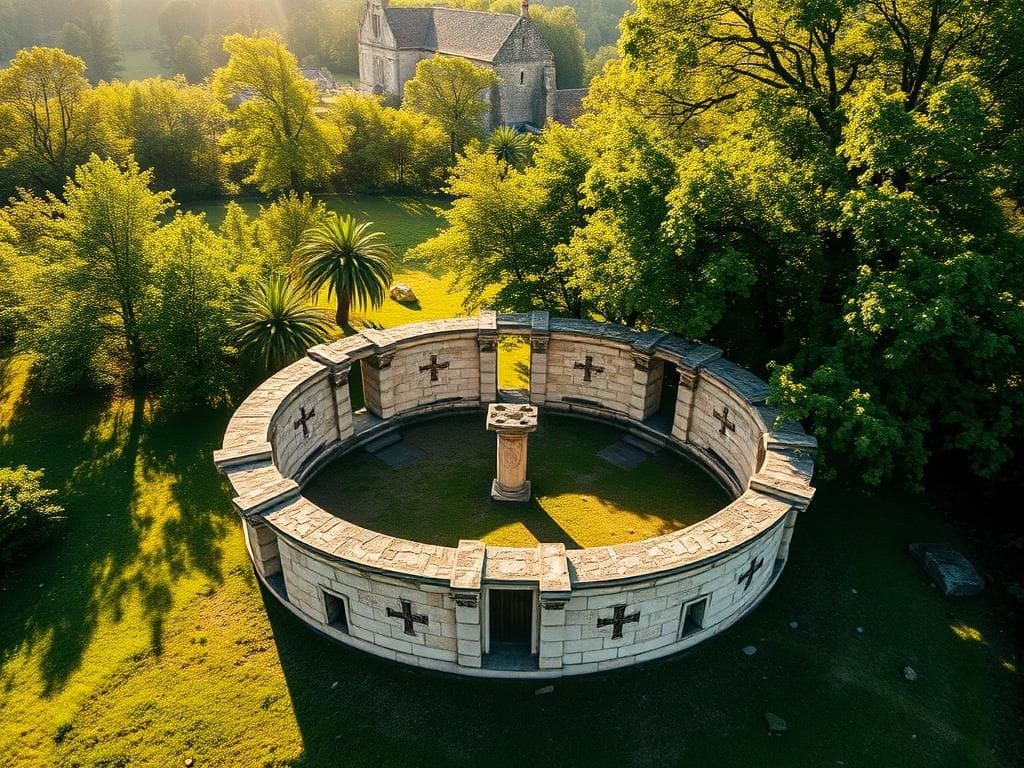 Flick International Aerial view of a 1,500-year-old circular baptistery in Vence, France