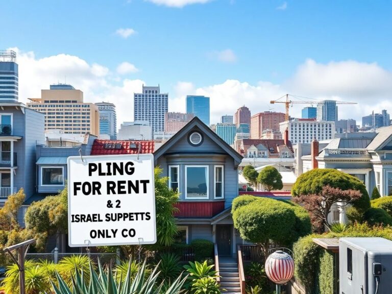 Flick International A vibrant San Francisco apartment with a 'For Rent' sign indicating preference for MAGA voters and Israel supporters