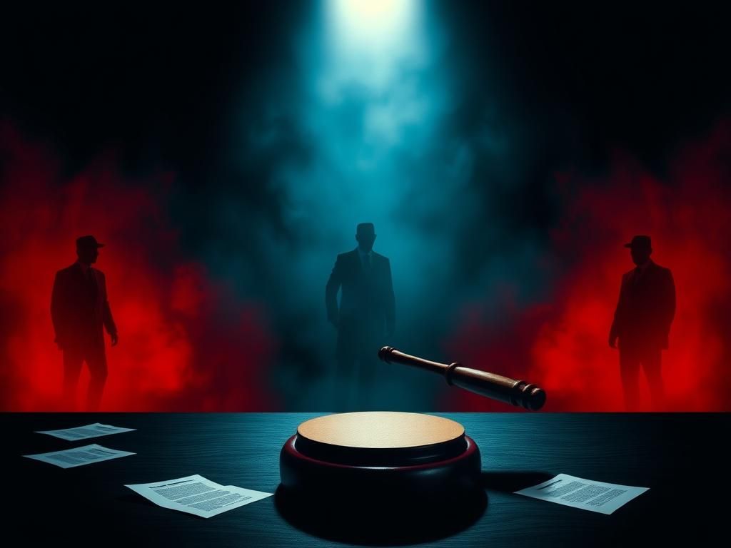 Flick International Ominous courtroom setting with a large gavel symbolizing justice in the Russia probe context