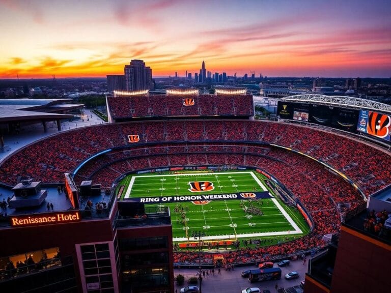 Flick International A vibrant aerial view of Cincinnati Bengals stadium during Ring of Honor weekend celebration.