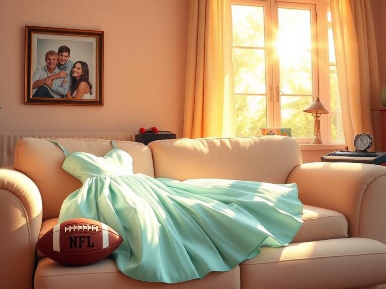 Flick International A cozy living room scene featuring a stylish bubble dress, a football, and musical instruments, symbolizing Meghan Trainor's journey in acting and music.