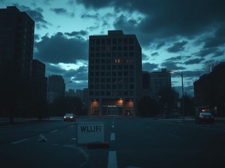 Flick International Ominous office building facade in a desolate urban landscape at twilight