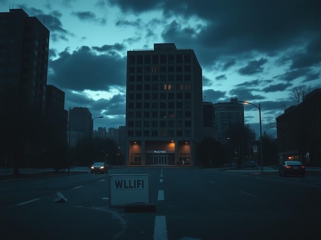 Flick International Ominous office building facade in a desolate urban landscape at twilight