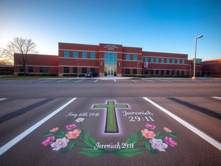 Flick International Beautifully painted parking spot with Bible verses and a cross in a serene high school lot