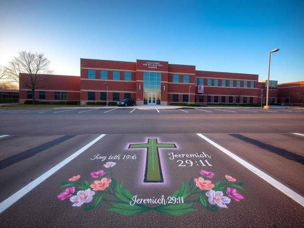 Flick International Beautifully painted parking spot with Bible verses and a cross in a serene high school lot