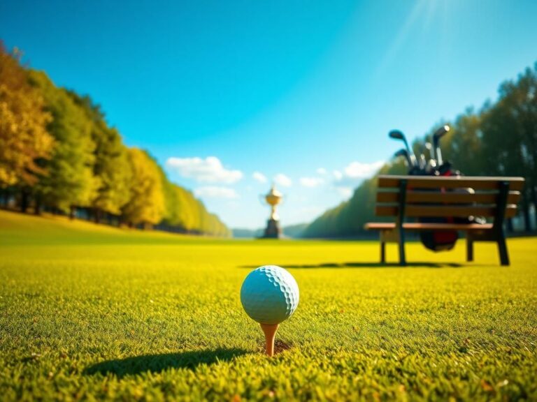 Flick International A pristine golf ball on a tee with a golf bag in the background on a lush golf course