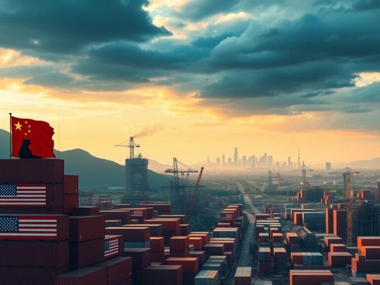 Flick International A powerful visual representation of America confronting trade challenges with China, showcasing factories and shipping containers.