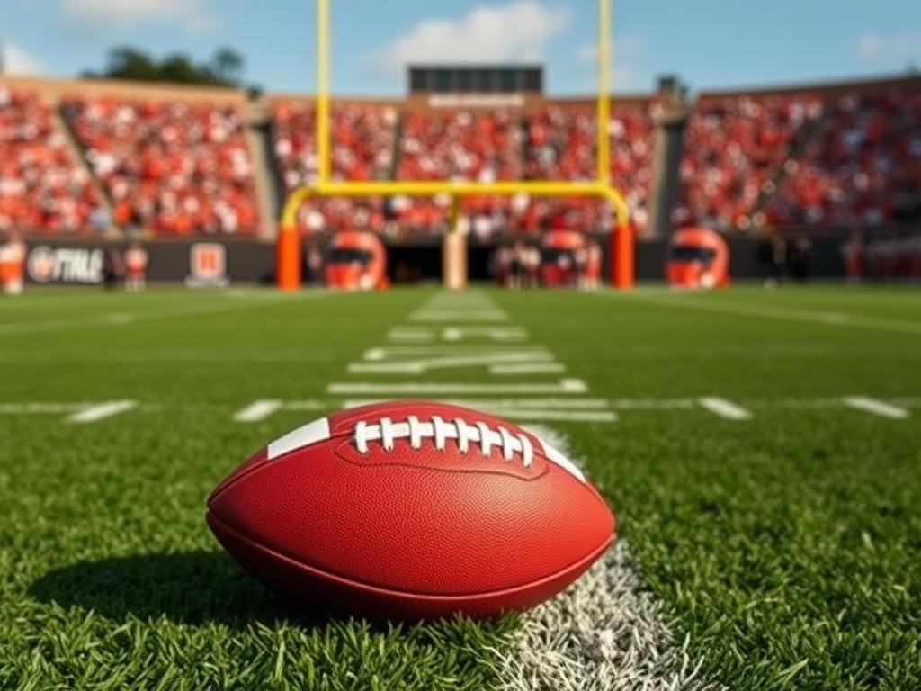 Flick International A close-up of a football on a well-maintained turf field, symbolizing Shedeur Sanders' journey as a quarterback.