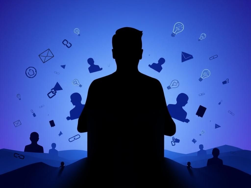 Flick International A digital landscape depicting a Facebook logo surrounded by symbols of deleted accounts and creativity.