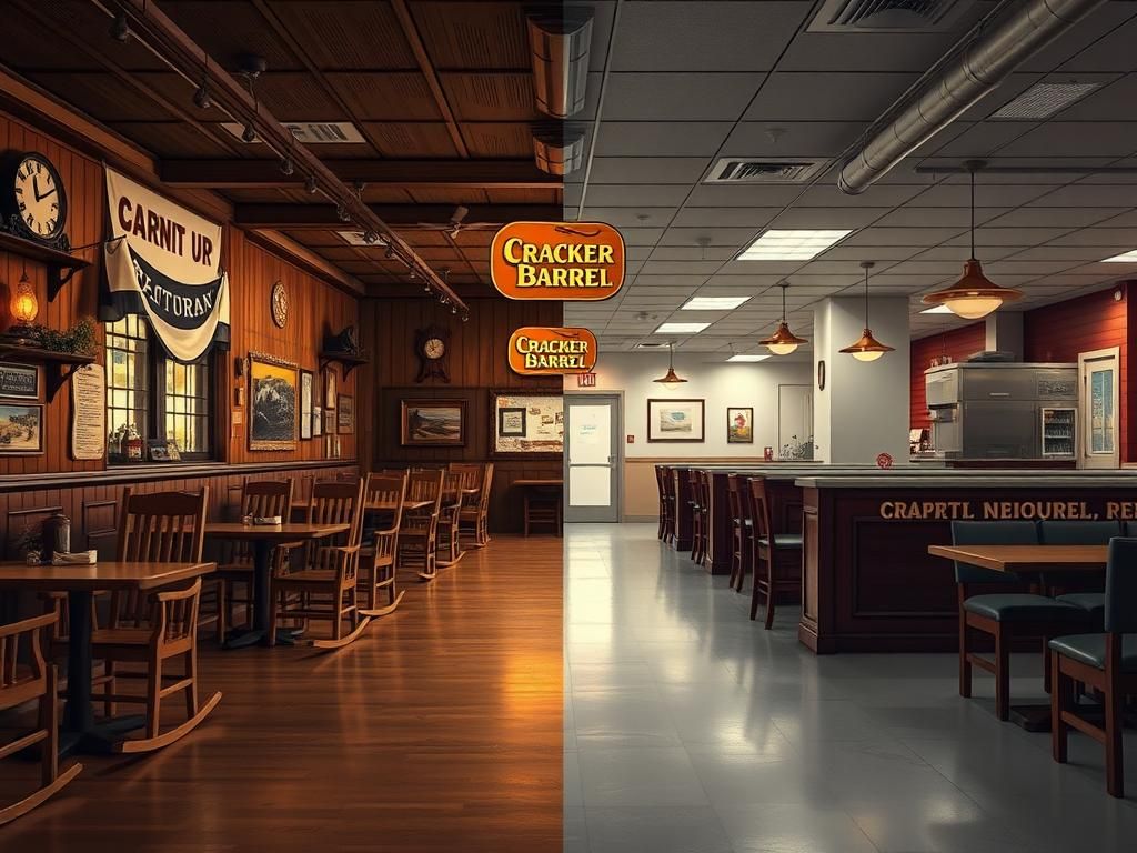 Flick International Nostalgic interior of a traditional Cracker Barrel restaurant alongside its modern rebranded counterpart