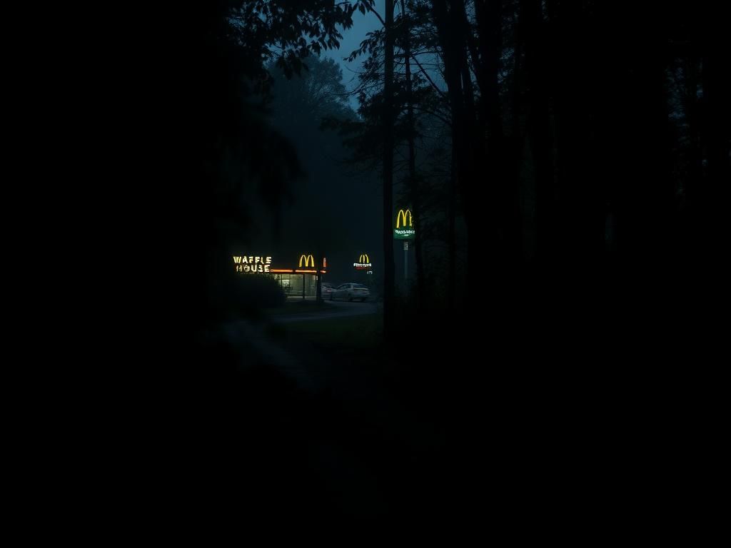 Flick International Dark wooded area near Nashville showing discarded clothing and faint restaurant silhouettes