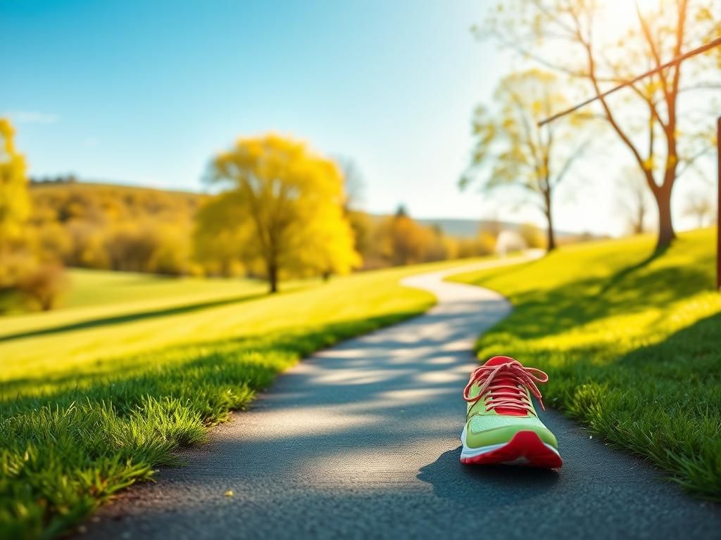 Flick International A pair of brightly colored athletic shoes on a winding path in a lush green park symbolizing accessible exercise.