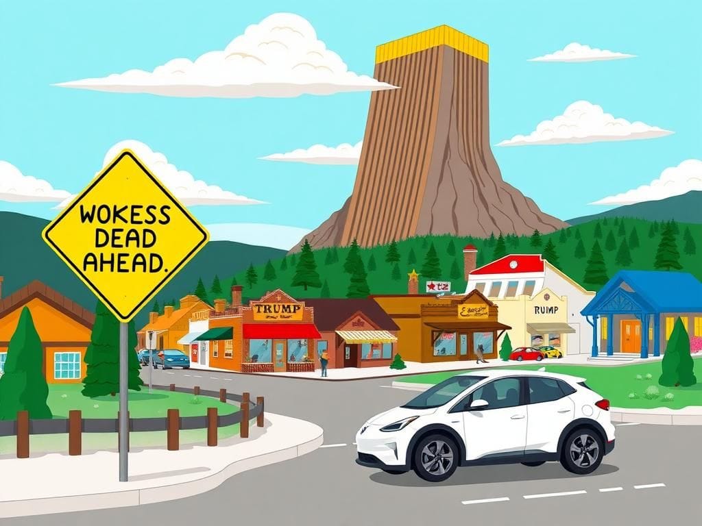Flick International Animated electric car struggling to drive next to a sign reading 'Wokeness Dead Ahead' in a colorful fictional Colorado town with a Trump tower in the background.