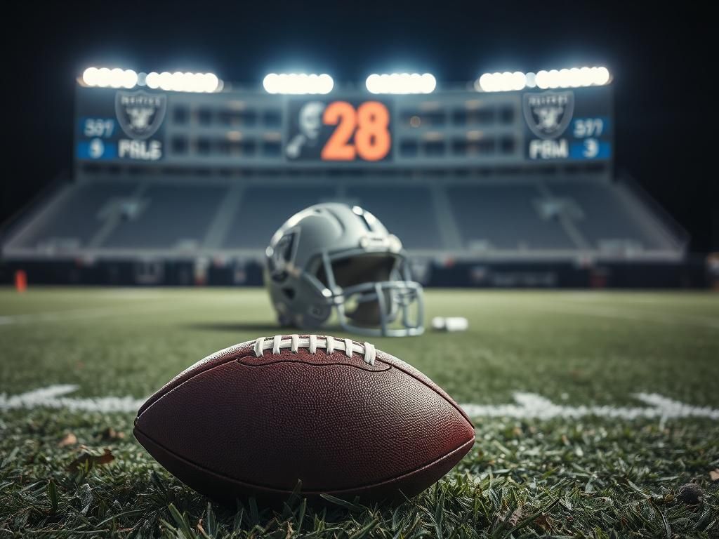 Flick International Close-up of a broken football on the field with scattered grass and an empty Raiders bench in the background